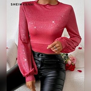 SHEIN Pink Sparkle Long Sleeve Blouse